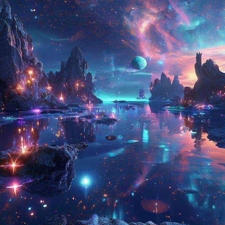 Where galaxies kiss the water and light becomes alive. A place that exists only in the space between dreaming and waking. ??? #CosmicDreamscape #BioluminescentArt #AIArt #Surreal