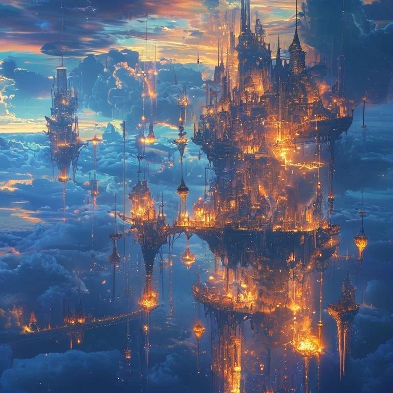 Lumina - the city that never touches ground. Built on clouds of solidified dreams, lit by captured lightning, connected by bridges of woven moonlight. Here, gravity is just a suggestion and the sunset lasts forever. Welcome home, dreamer. ?????? #FloatingCity #CloudKingdom #AIArt #Surreal #TwilightCity #FantasyArt